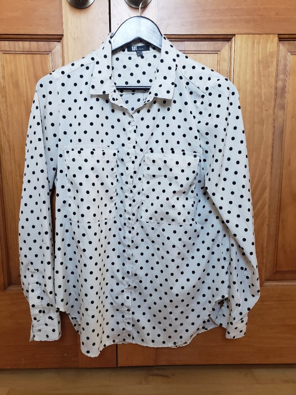 Kut from the Kloth White button down shirt with black polka dots breezy flowy